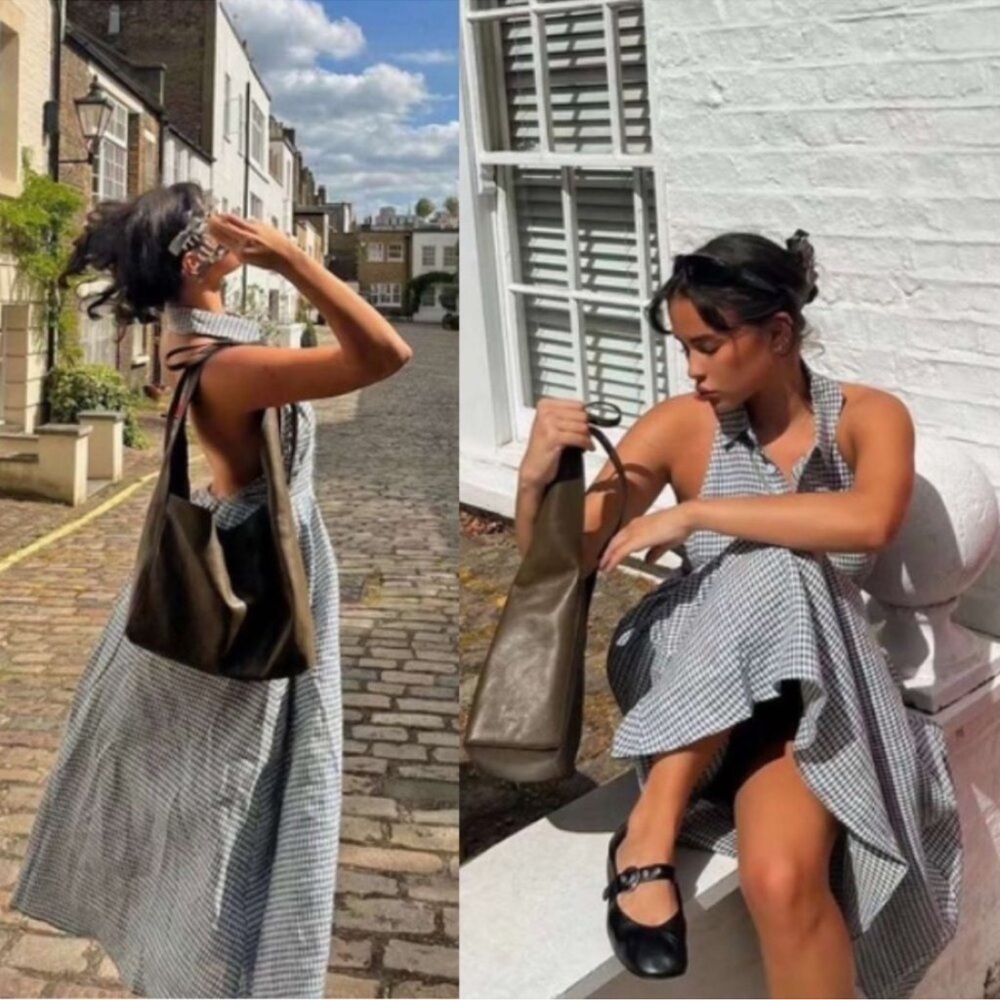 NEW Reformation Tace Halter Blue White Gingham Linen Midi Dress Slate Navy 12 - Picture 3 of 9